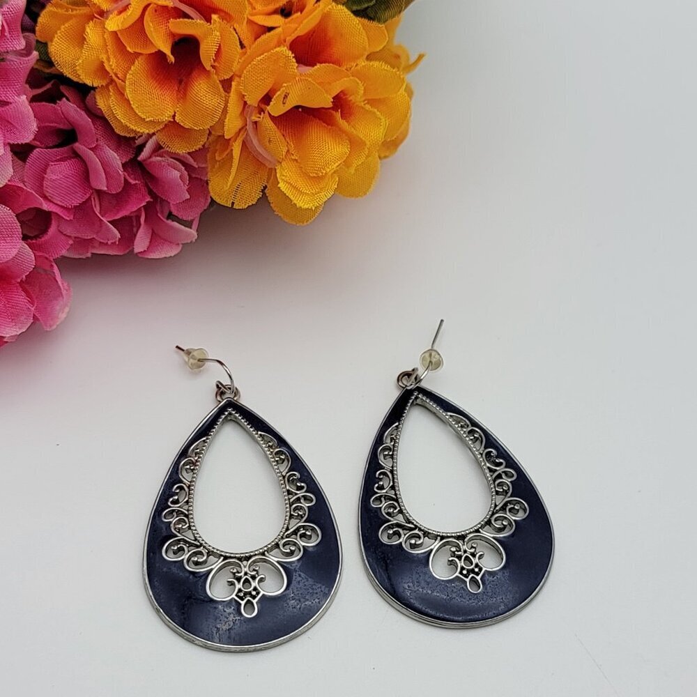 Premier Designs Silver Tone Blue Enamel Teardrop Statement Earrings Dangle 2"